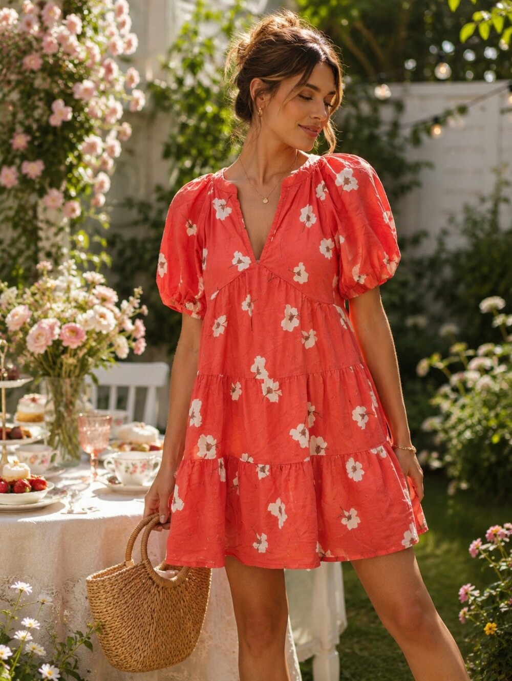 Puff Sleeve Coral Floral Dress Sz XS